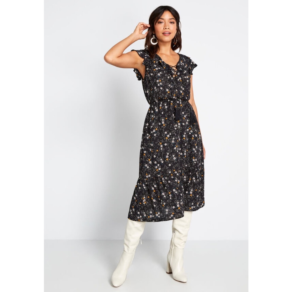 JACK by BB Dakota On the Horizon Floral Midi Dress Black Ruffle Keyhole